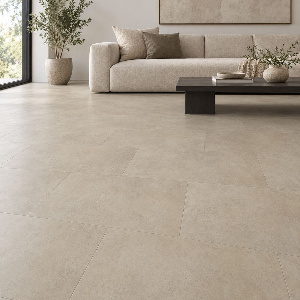 IF-9404 Sand Microcement SPC flooring 12x24 – room view