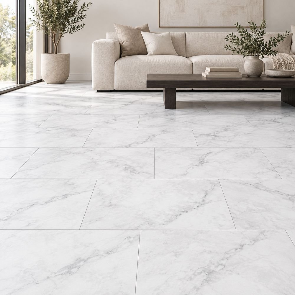 IF-9405 Carrara White Microcement SPC flooring 12x24 – room view